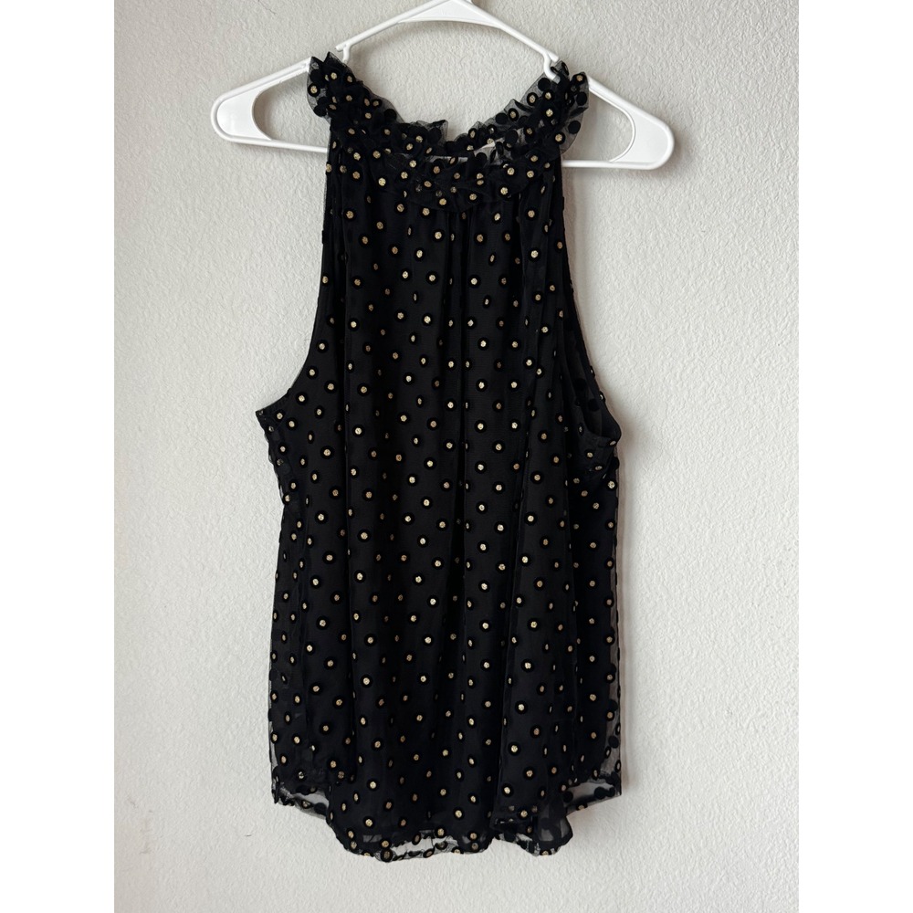 LOFT Black Gold Metallic Velvet Polka Dot Ruffle High Neck Mesh Blouse XXL